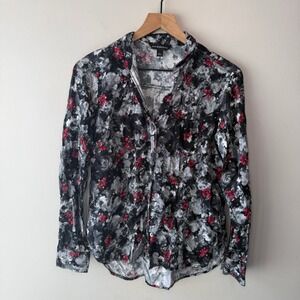Rock & Republic Women's Black Red Floral Button Down Shirt Size Small